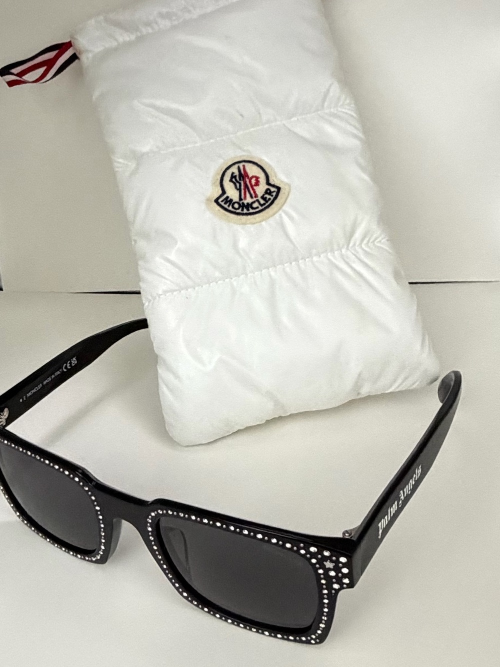 Moncler Black Crystal-Trim Rectangular Sunglasses with White Pouch